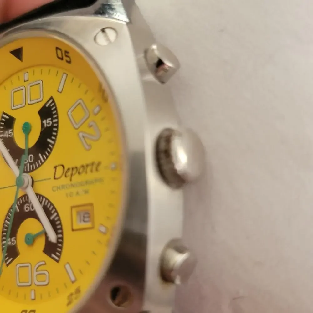 Vintage Deporte Mens Chronograph Watch Silver Yellow Dial Black Leather Quartz